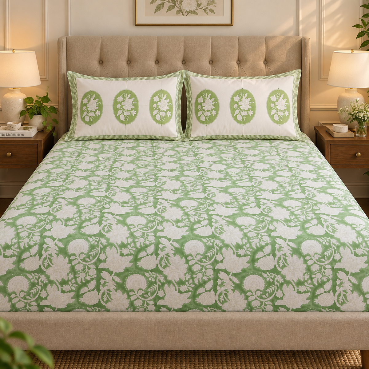 Green Garden Handblock Printed Premium Cotton Fitted Bedsheet Set