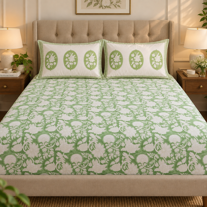 Green Garden Handblock Printed Premium Cotton Fitted Bedsheet Set