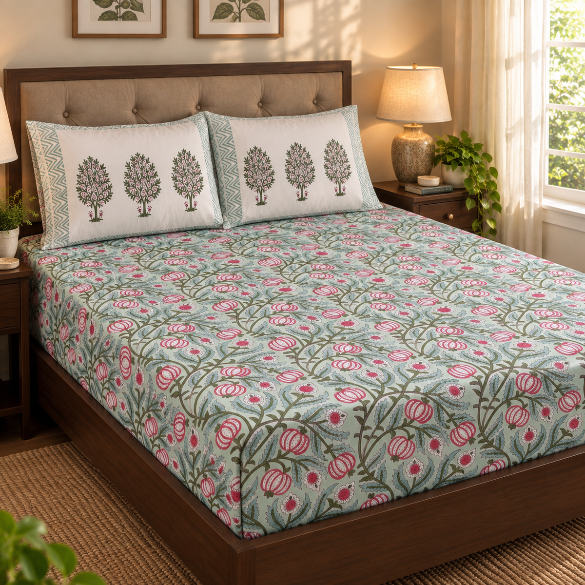 Red Anaar Baag Handblock Printed Premium Cotton Fitted Bedsheet Set