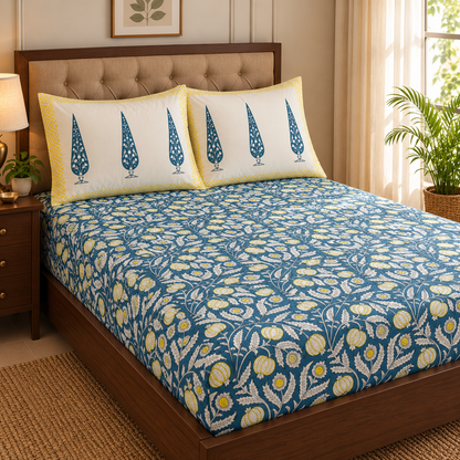 Blue Yellow Anaar Handblock Premium Cotton Fitted Bedsheet Set