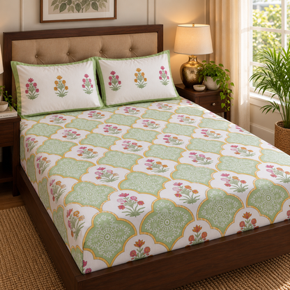 Mint Green & Yellow Handblock Printed Premium Cotton Fitted Bedsheet Set