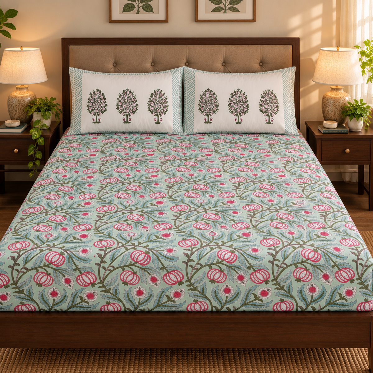 Red Anaar Baag Handblock Printed Premium Cotton Fitted Bedsheet Set