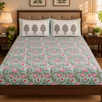 Red Anaar Baag Handblock Printed Premium Cotton Fitted Bedsheet Set