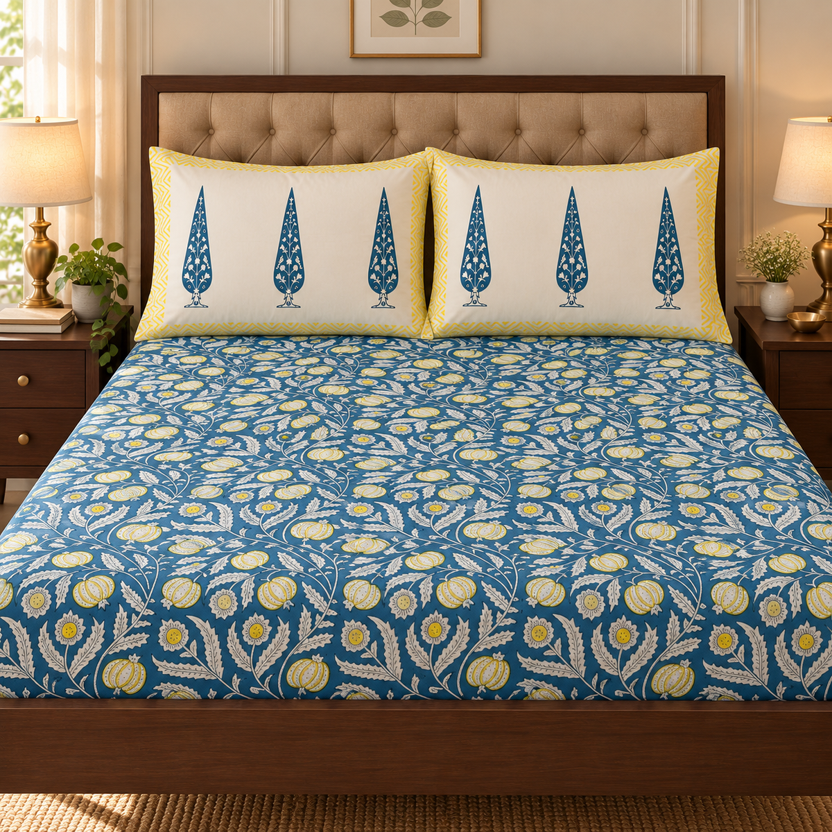Blue Yellow Anaar Handblock Premium Cotton Fitted Bedsheet Set