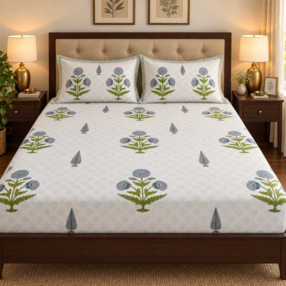 Blue Dahlia Handblock Printed Premium Cotton Fitted Bedsheet Set