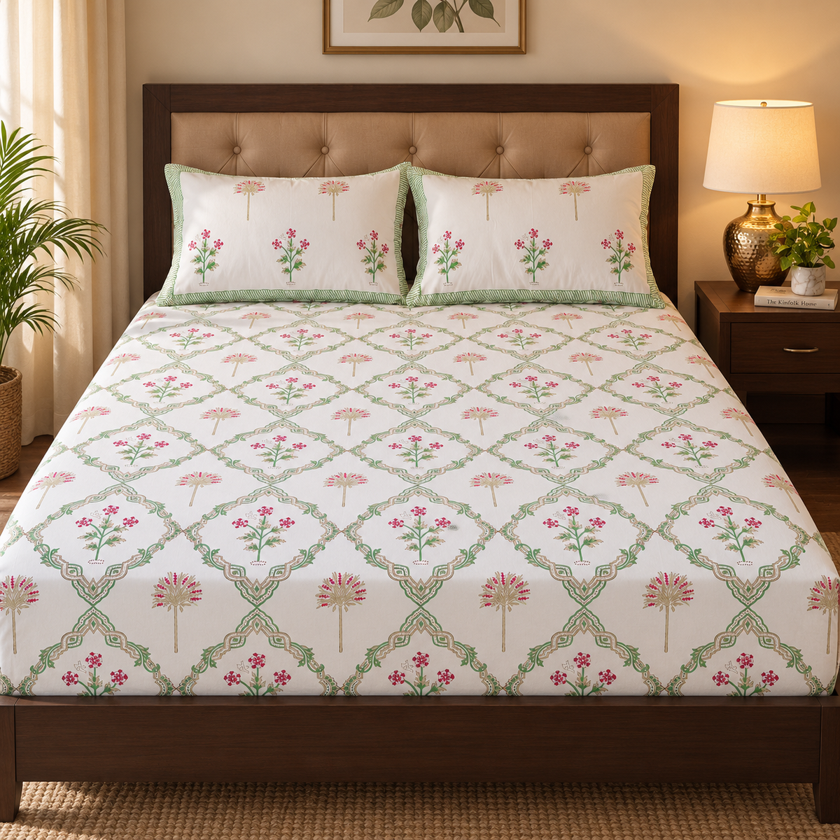 Pink Palm Jaal Handblock Printed Premium Cotton Fitted Bedsheet Set