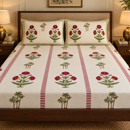 Red Dahlia Floral Handblock Printed Premium Cotton Fitted Bedsheet Set