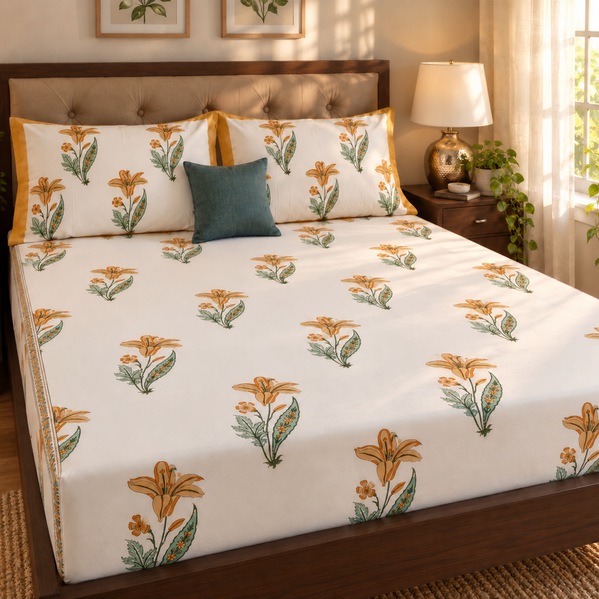 Yellow Lily Handblock Premium Cotton Bedsheet Set