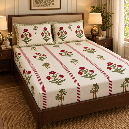 Red Dahlia Floral Handblock Printed Premium Cotton Fitted Bedsheet Set