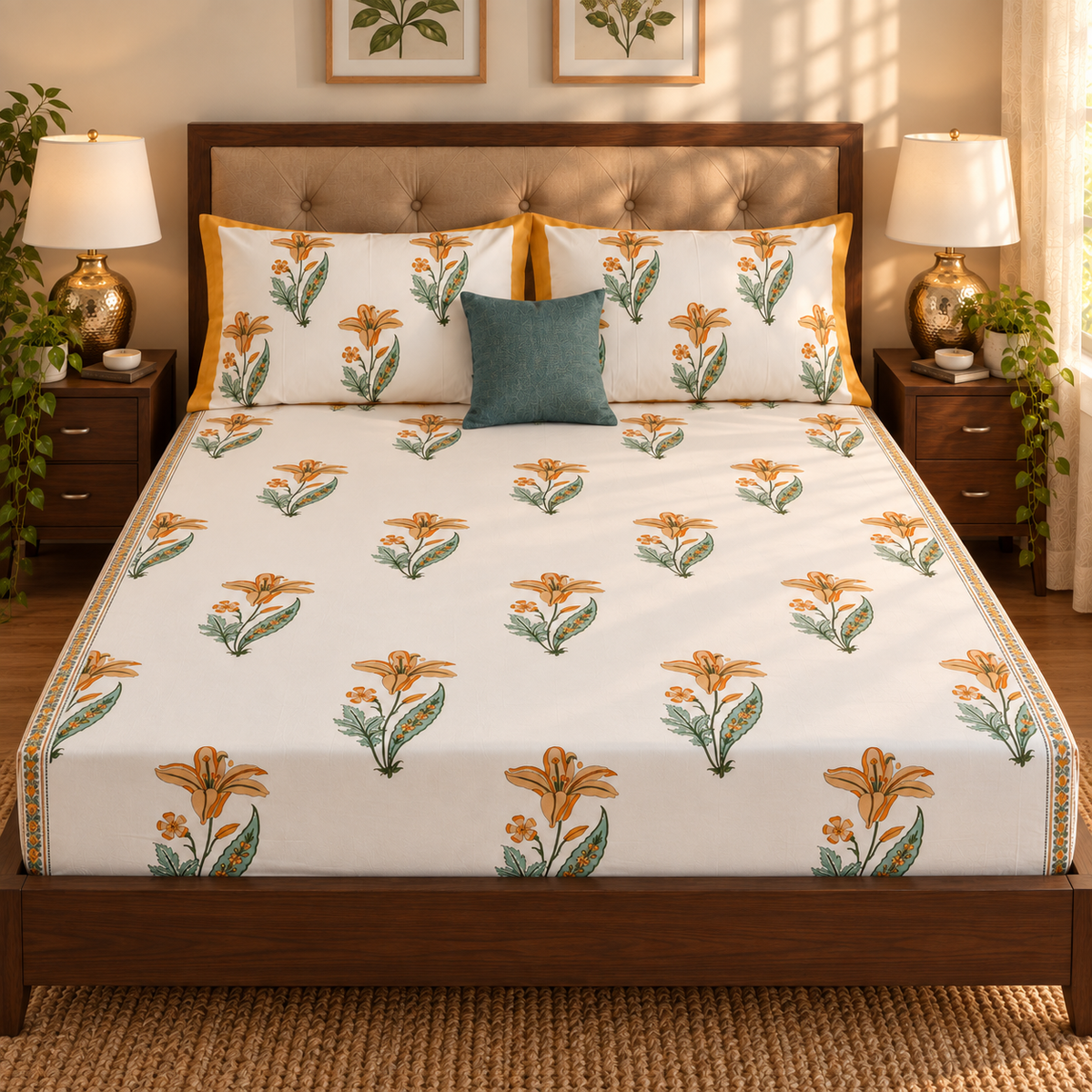 Yellow Lily Handblock Premium Cotton Bedsheet Set
