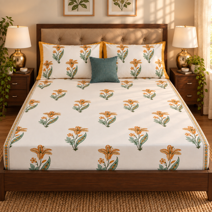 Yellow Lily Handblock Premium Cotton Bedsheet Set
