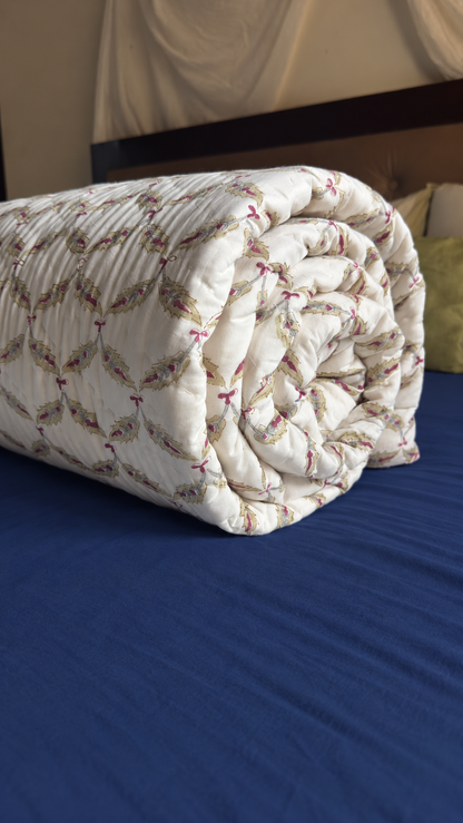 Dusty Mulberry Handblock Reversible Mulmul Cotton Quilt (Ivory White)