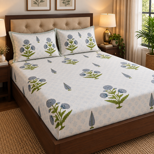 Blue Dahlia Handblock Printed Premium Cotton Fitted Bedsheet Set