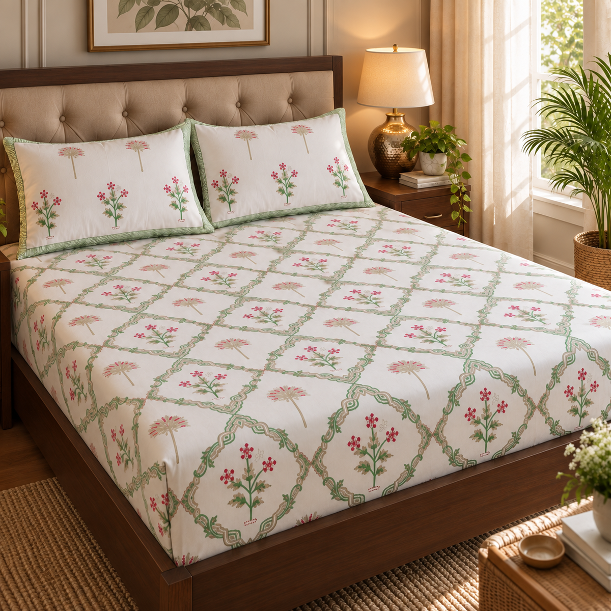 Pink Palm Jaal Handblock Printed Premium Cotton Fitted Bedsheet Set