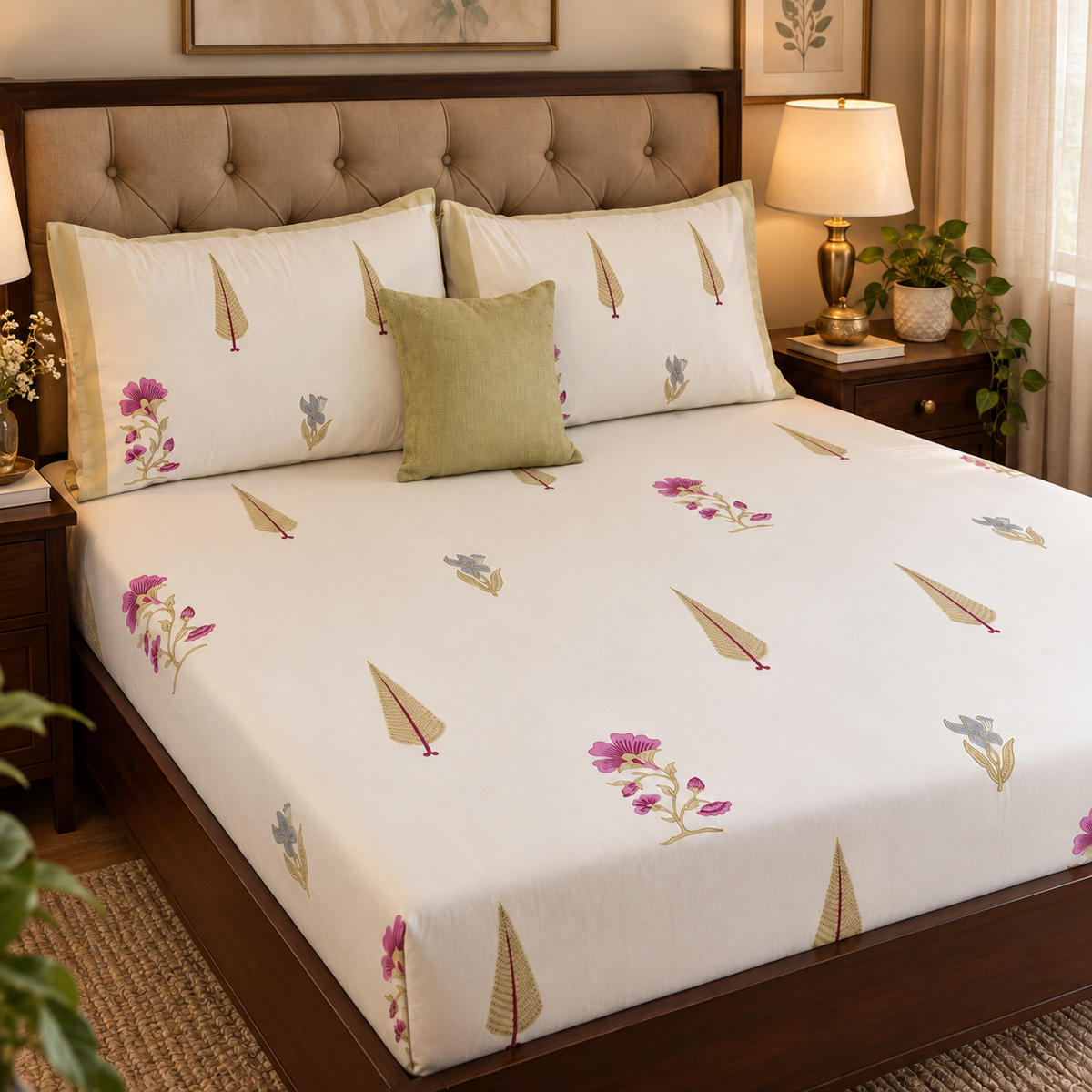 Dusty Mulberry Handblock Premium Cotton Bedsheet Set (Ivory White)