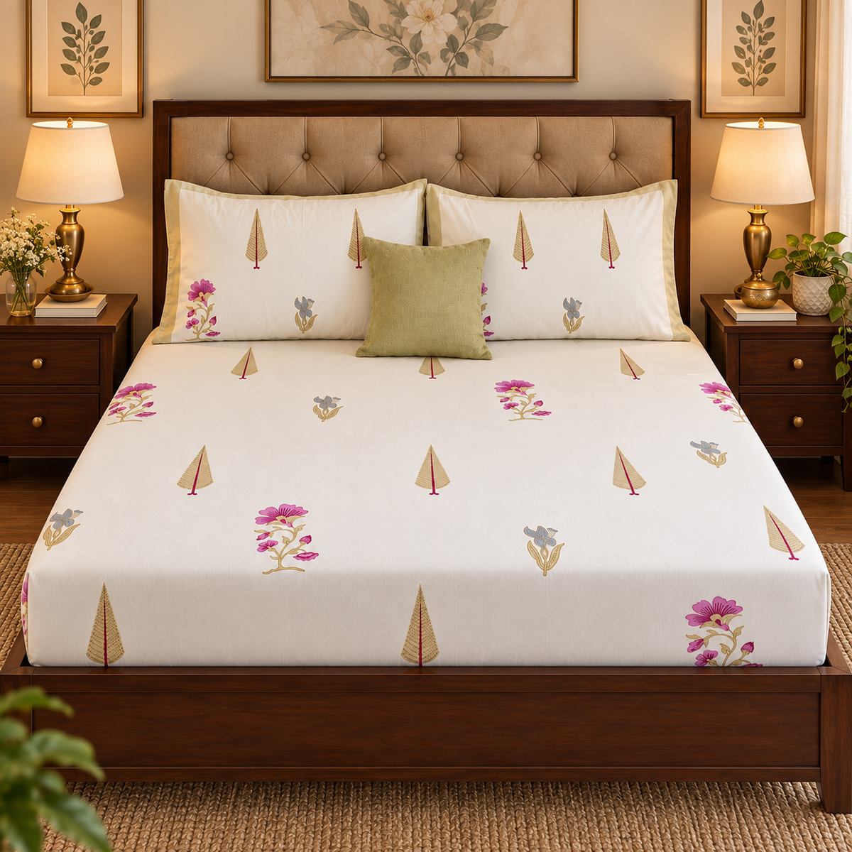 Dusty Mulberry Handblock Premium Cotton Bedsheet Set (Ivory White)