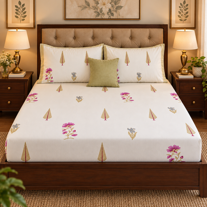 Dusty Mulberry Handblock Premium Cotton Bedsheet Set (Ivory White)