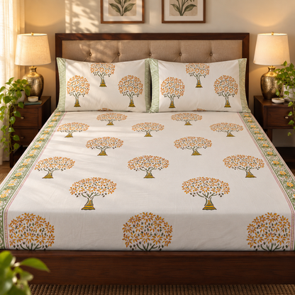Yellow Bodhi Tree Handblock Printed Premium Cotton Fitted Bedsheet Set