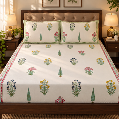 Madhumati Handblock Printed Premium Cotton Fitted Bedsheet Set