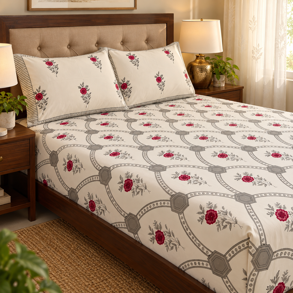Grey Jaal Handblock Printed Premium Cotton Fitted Bedsheet Set