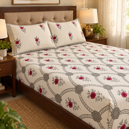 Grey Jaal Handblock Printed Premium Cotton Fitted Bedsheet Set