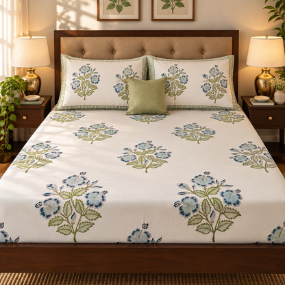 Blue Hibiscus Handblock Premium Cotton Fitted Bedsheet Set