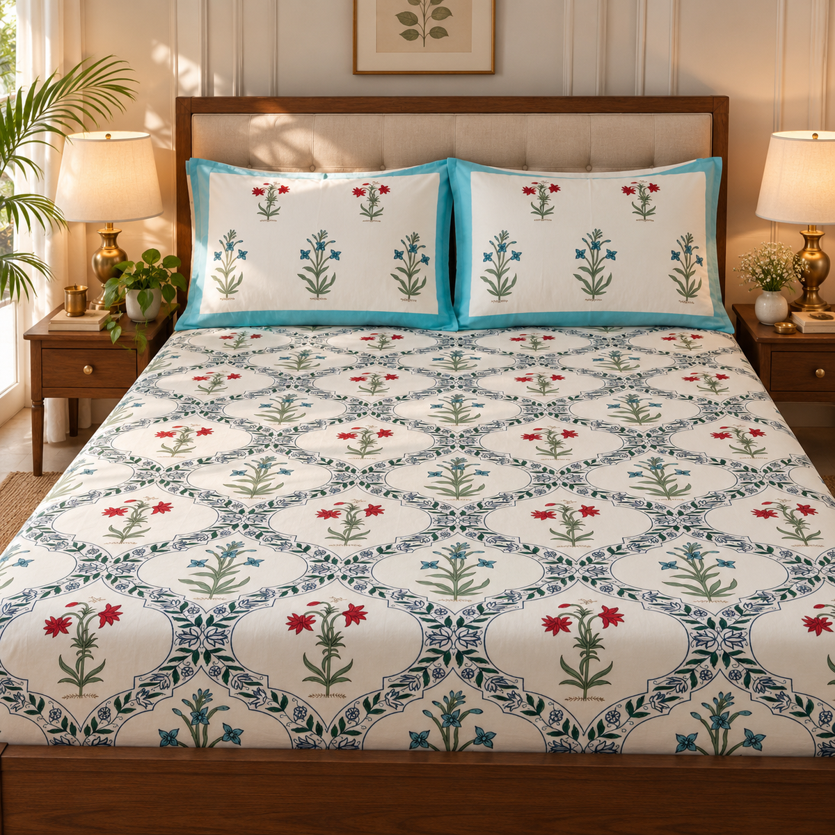 Blue Red Floral Jaal Handblock Printed Premium Cotton Fitted Bedsheet Set