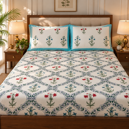 Blue Red Floral Jaal Handblock Printed Premium Cotton Fitted Bedsheet Set