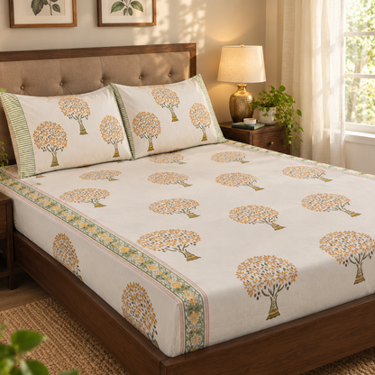 Yellow Bodhi Tree Handblock Printed Premium Cotton Fitted Bedsheet Set