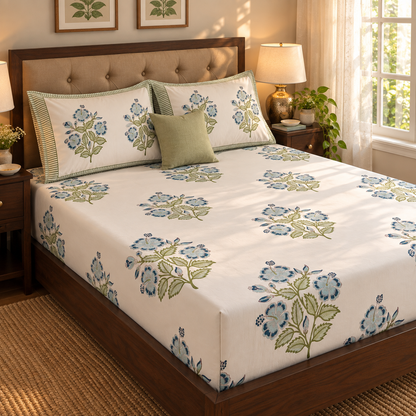 Blue Hibiscus Handblock Premium Cotton Fitted Bedsheet Set