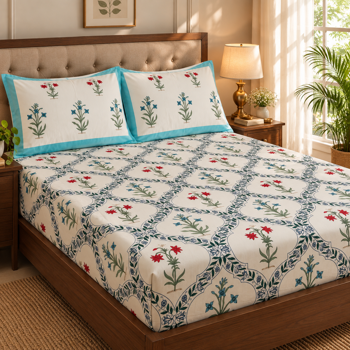Blue Red Floral Jaal Handblock Printed Premium Cotton Fitted Bedsheet Set