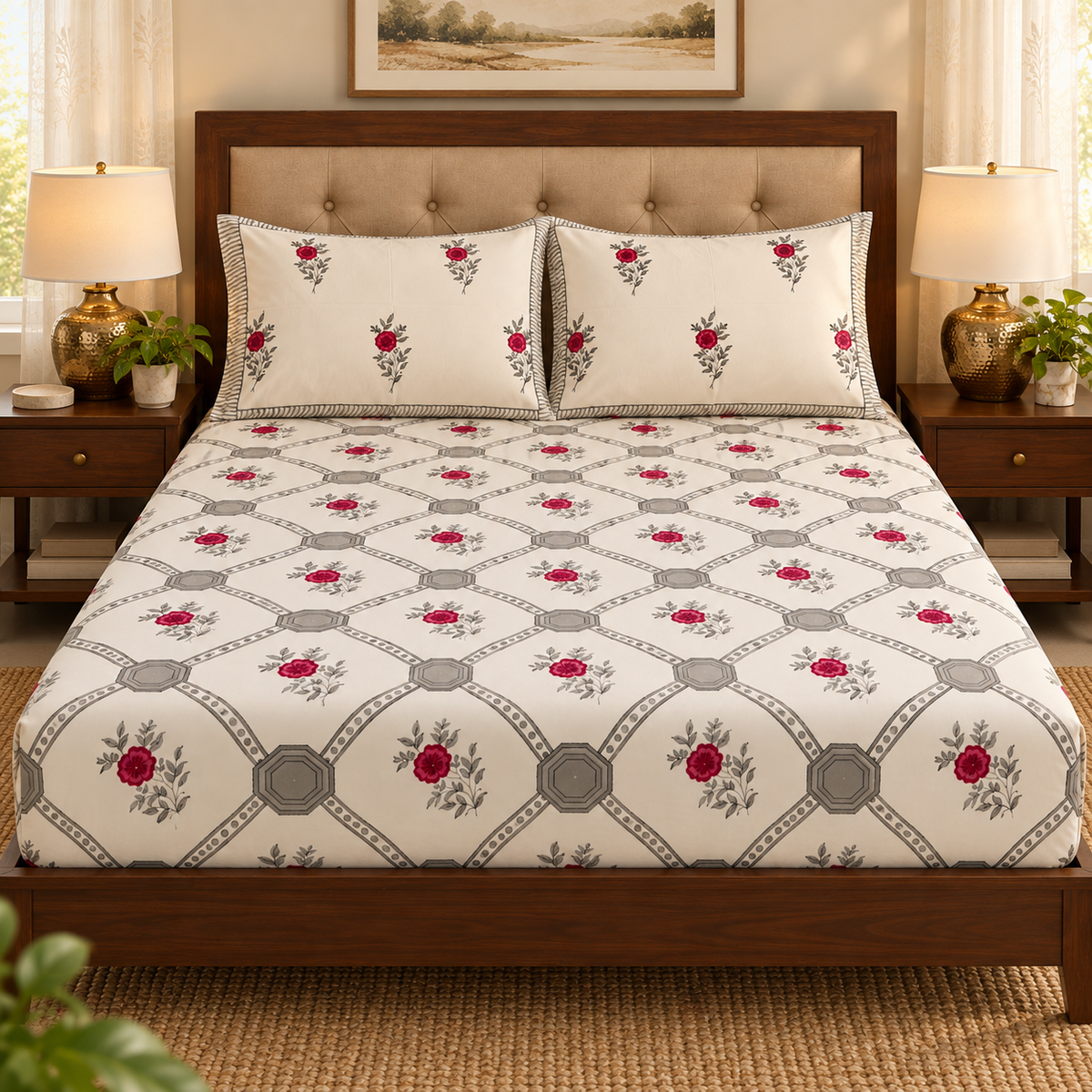 Grey Jaal Handblock Printed Premium Cotton Fitted Bedsheet Set