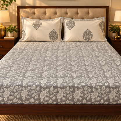 Grey Floral Handblock Printed Premium Cotton Fitted Bedsheet Set