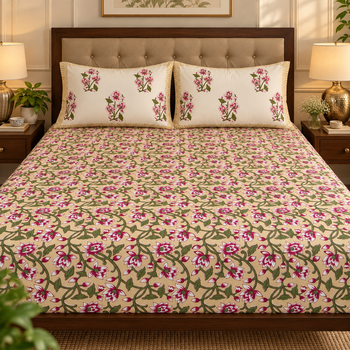 Beige Floral Jaal Handblock Printed Premium Cotton Fitted Bedsheet Set