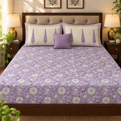 Purple Floral Garden Handblock Premium Cotton Bedsheet Set