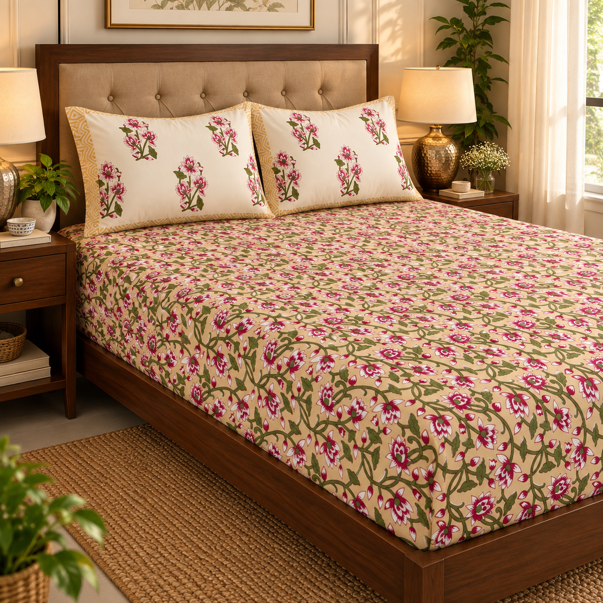 Beige Floral Jaal Handblock Printed Premium Cotton Fitted Bedsheet Set