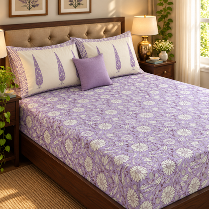 Purple Floral Garden Handblock Premium Cotton Bedsheet Set