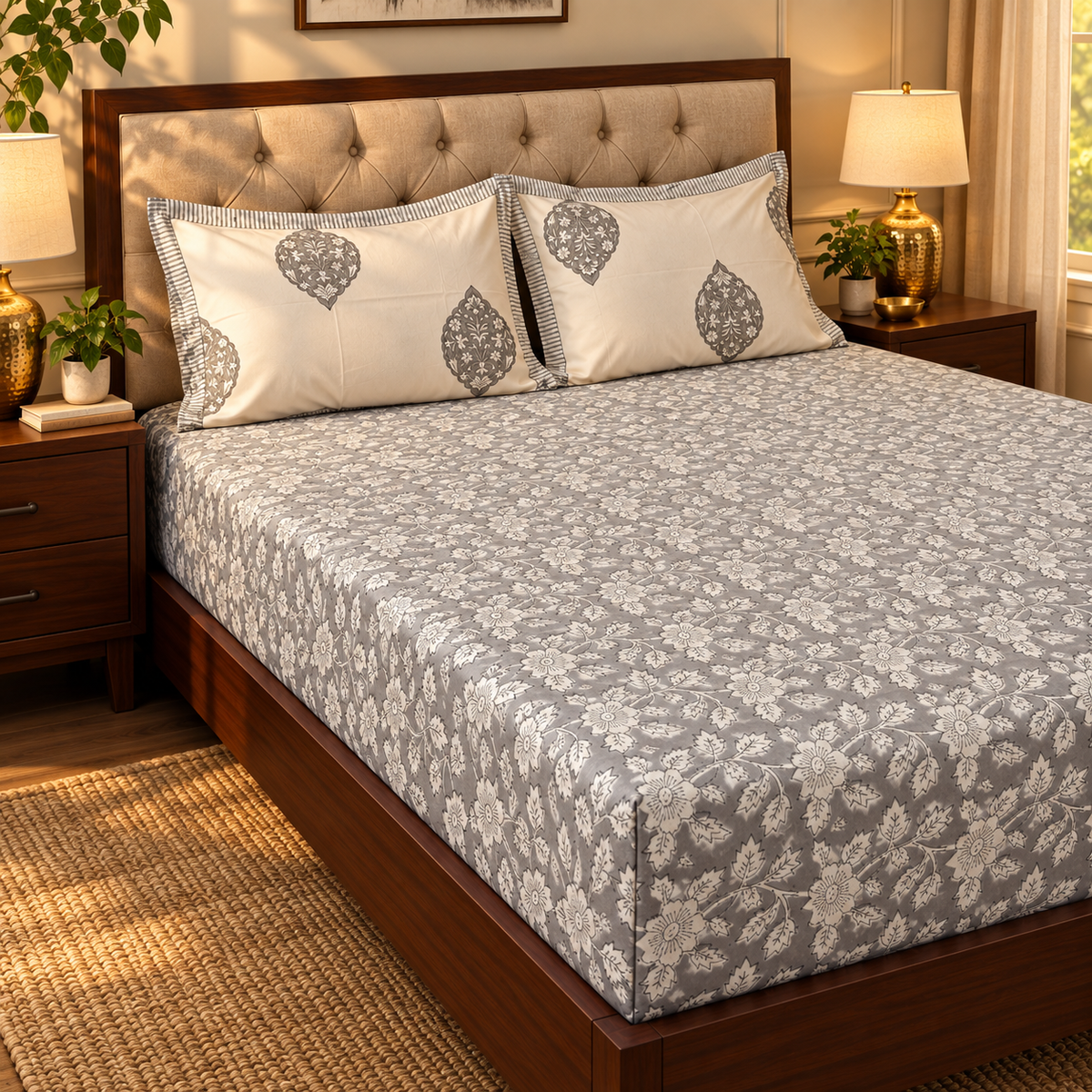 Grey Floral Handblock Printed Premium Cotton Fitted Bedsheet Set