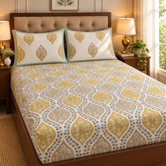 Green Jaal Handblock Premium Cotton Bedsheet Set