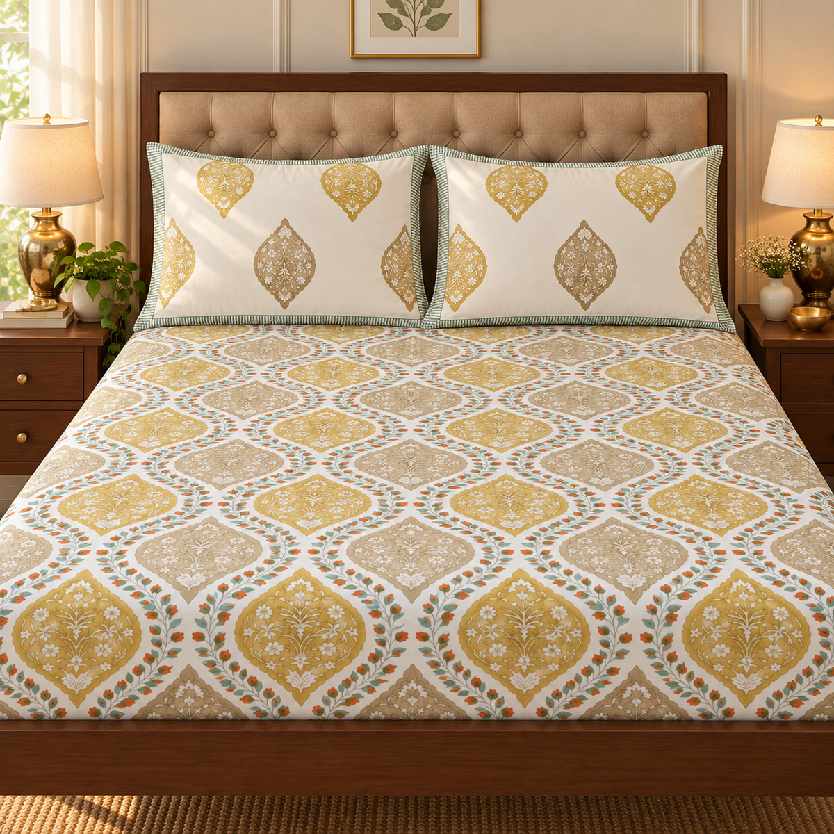 Green Jaal Handblock Printed Premium Cotton Fitted Bedsheet Set