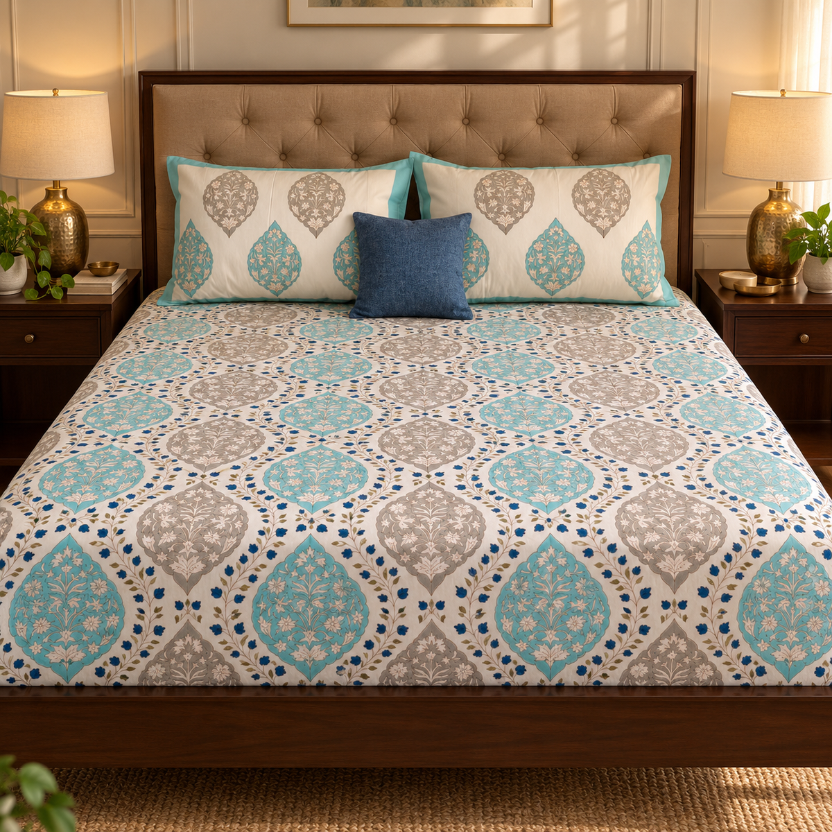 Blue Jaal Handblock Printed Premium Cotton Fitted Bedsheet Set