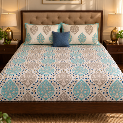 Blue Jaal Handblock Printed Premium Cotton Fitted Bedsheet Set