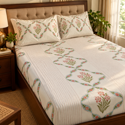 Red Periwinkle Handblock Printed Premium Cotton Fitted Bedsheet Set