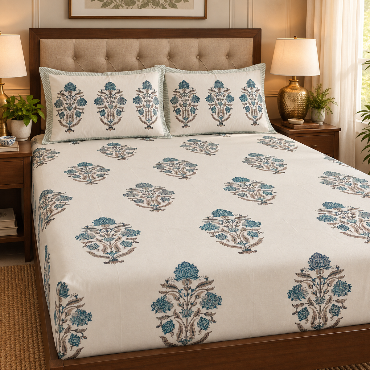 Teal Blue Dahlia Handblock Printed Premium Cotton Fitted Bedsheet Set