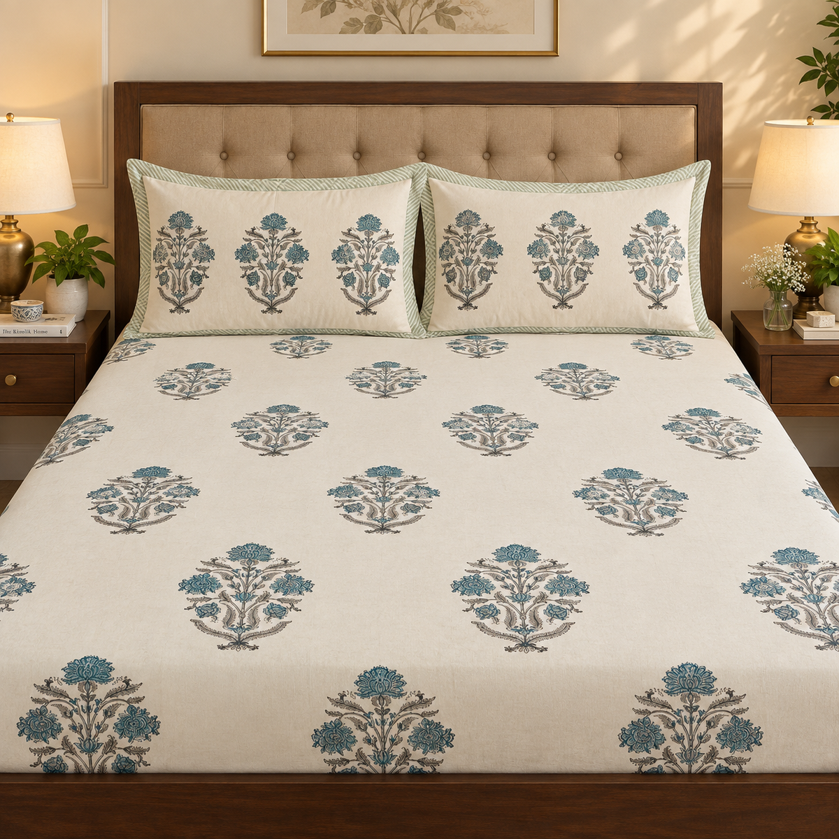 Teal Blue Dahlia Handblock Printed Premium Cotton Fitted Bedsheet Set
