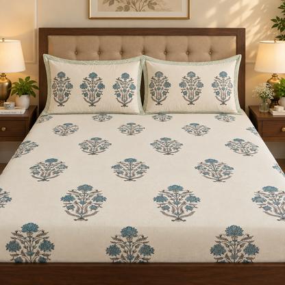Teal Blue Dahlia Handblock Printed Premium Cotton Fitted Bedsheet Set