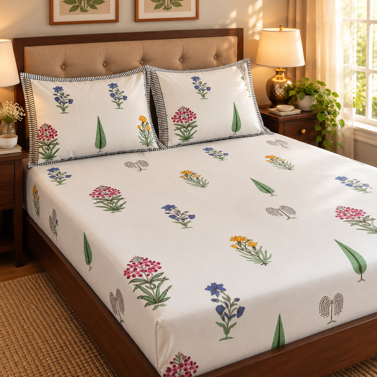 Teen Boota Handblock Premium Cotton Bedsheet Set