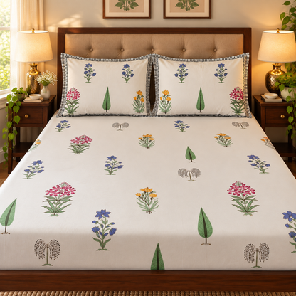 Teen Boota Handblock Premium Cotton Bedsheet Set