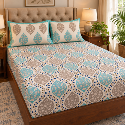 Blue Jaal Handblock Printed Premium Cotton Fitted Bedsheet Set