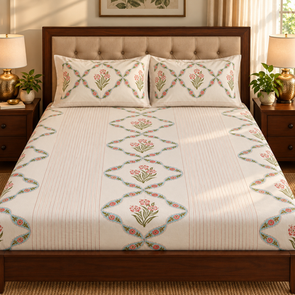 Red Periwinkle Handblock Printed Premium Cotton Fitted Bedsheet Set